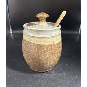 Ceramic Stoneware Honey Pot Jam Jar Artist Signed 6"x4" w Wooden Dipper Vintage